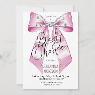 Pink Diamond Coquette Bow Baby Shower Girl Invitation