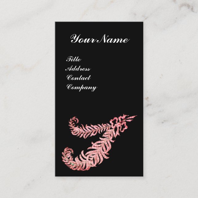 PINK DIAMOND FEATHERS JEWEL MONOGRAM BLACK BUSINESS CARD (Front)