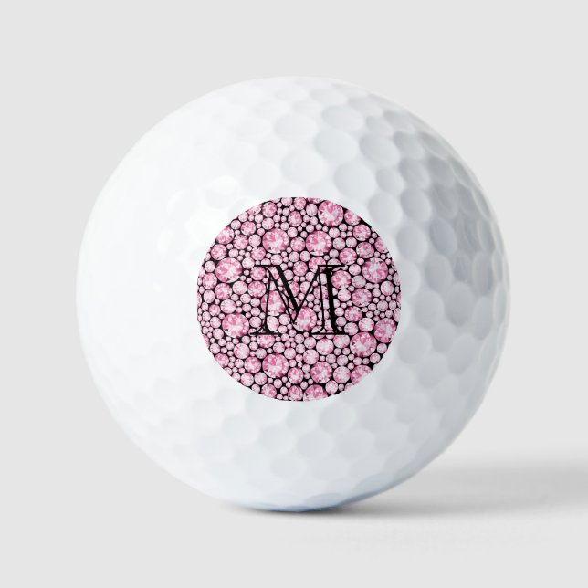 Pink Diamond Gem Black Monogram INITIAL bling Golf Balls (Front)