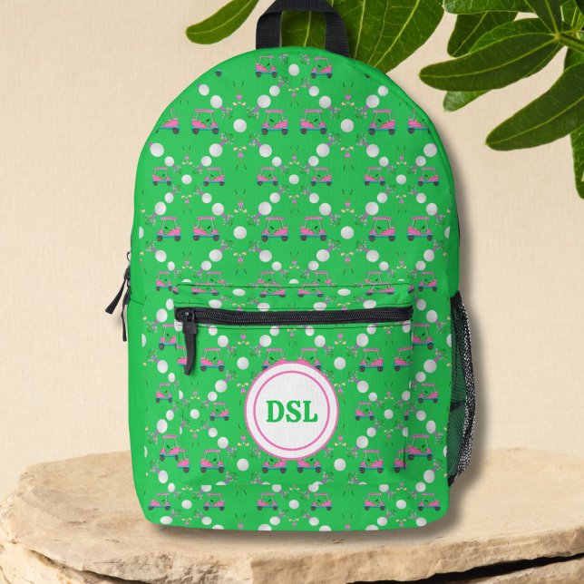 Pink Diamond Golf Floral Designs Monogram Printed Backpack (Creator Uploaded)