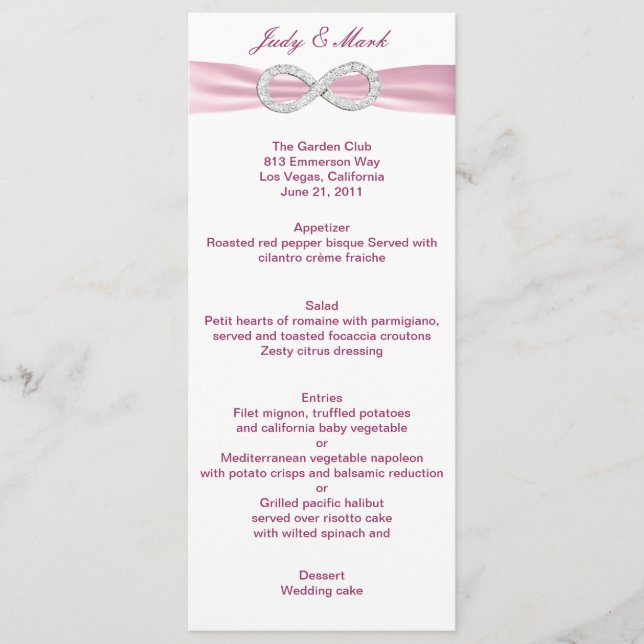 Pink Diamond Infinity Wedding Menu Card (Front)