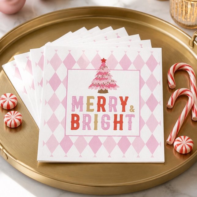 Pink Diamond Pattern Merry and Bright Napkin (Creator Uploaded)