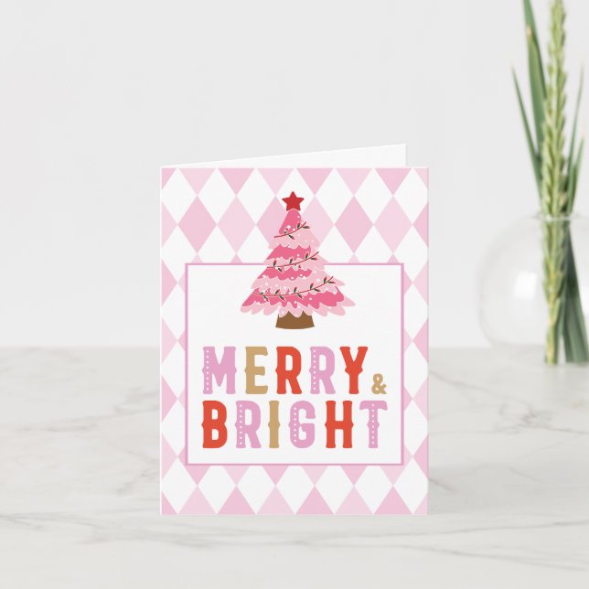 Pink Diamond Pattern Merry and Bright Small Holiday Card (Front)