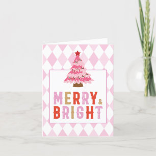 Pink Diamond Pattern Merry and Bright Small Holiday Card