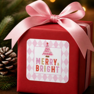 Pink Diamond Pattern Merry and Bright Square Sticker