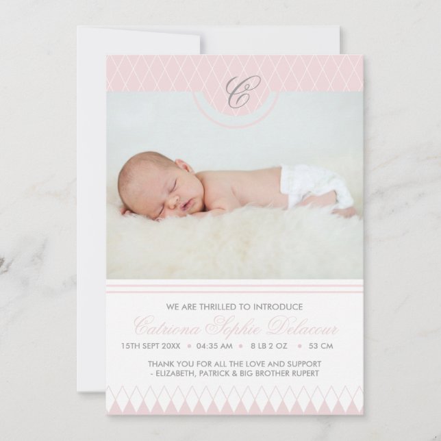 Pink Diamond Pattern Photo Birth Announcement (Front)