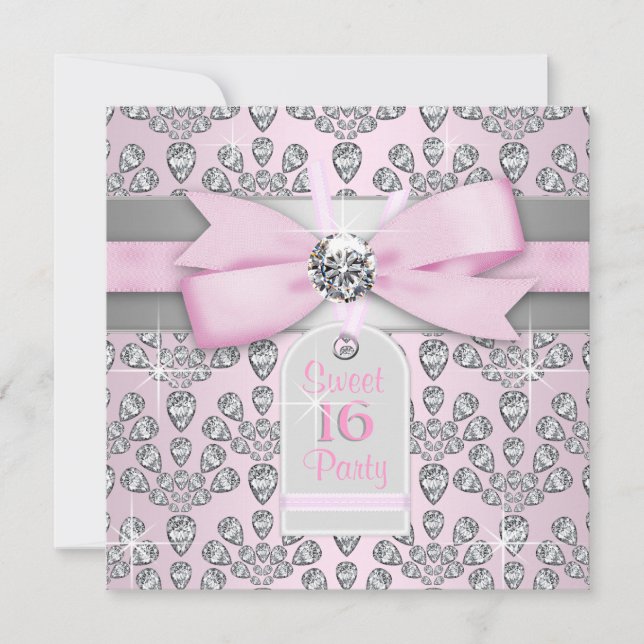 Pink Diamond Pink and Grey Sweet 16 Birthday Invitation (Front)