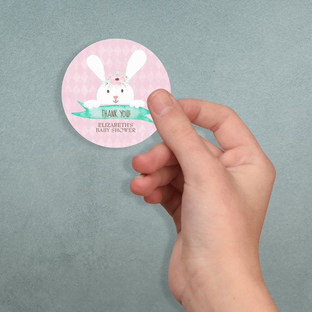 Pink Diamond Rabbit Floral Baby Shower Classic Round Sticker (Creator Uploaded)