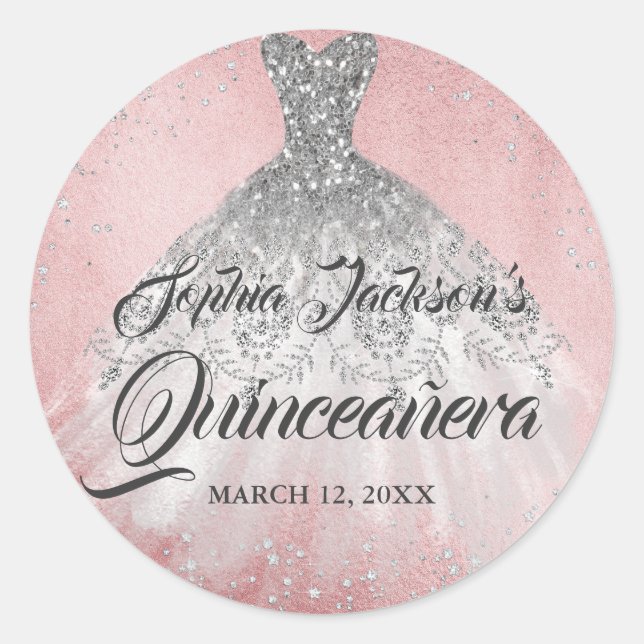 Pink Diamond Sparkle Gown Quinceanera Classic Round Sticker (Front)