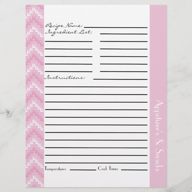 Pink Diamond Zigzag Chevrons Recipe Sheets (Front)