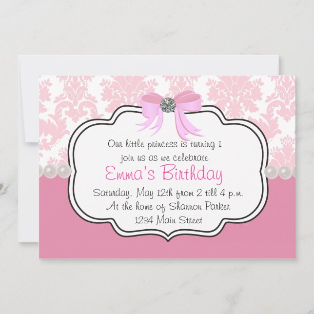 Pink Diamonds and Pearls Damask Invitation (Front)