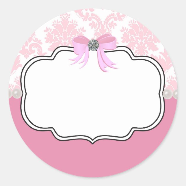 Pink Diamonds and Pearls Damask Invitation Classic Round Sticker (Front)