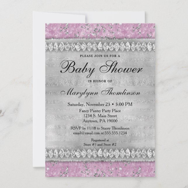 Pink Diamonds Baby Shower Invitation Girl Bling (Front)