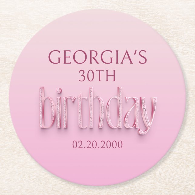 Pink Diamonds Birthday Round Paper Coaster (Front)