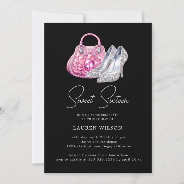 pink diamonds glitter sweet sixteen birthday invitation (Front)