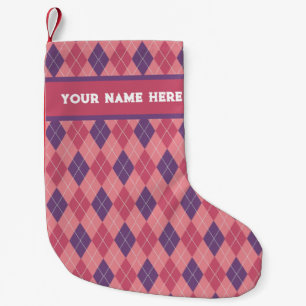 Pink Diamonds Scottish Argyle knit - add a name Small Christmas Stocking