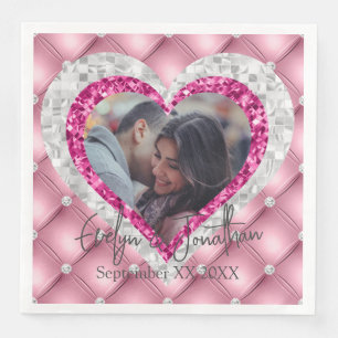 Pink Diamonds Silver Heart Frame Custom Photo Napkin