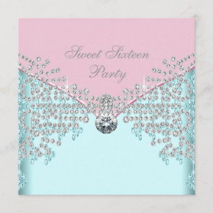 Pink Diamonds Teal Blue Sweet Sixteen Birthday Invitation