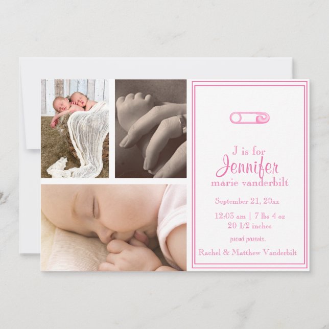 Pink Diaper Pin Baby Photo Announcement (Front)