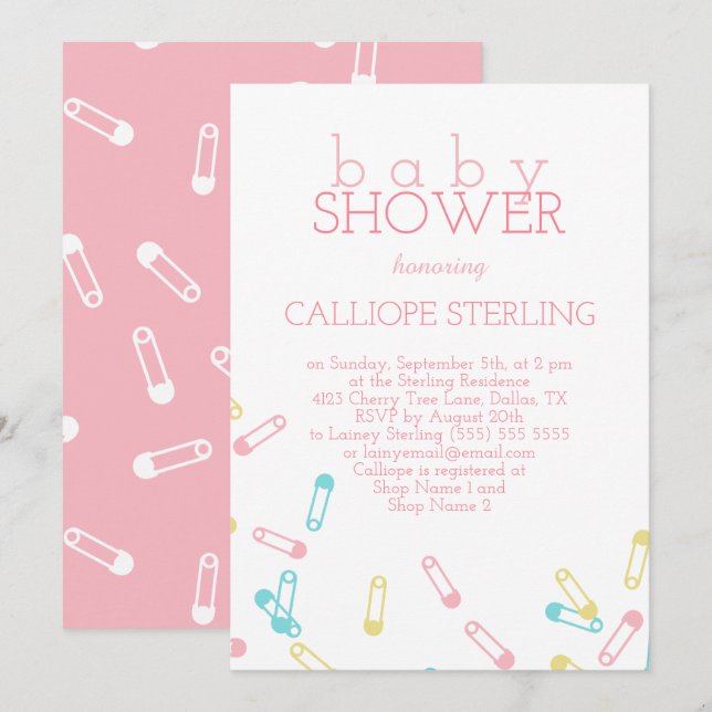Pink Diaper Pins Pastel Baby Shower Invitation (Front/Back)