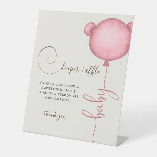 Pink Diaper Raffle Balloon Bear Pedestal Sign (Front)