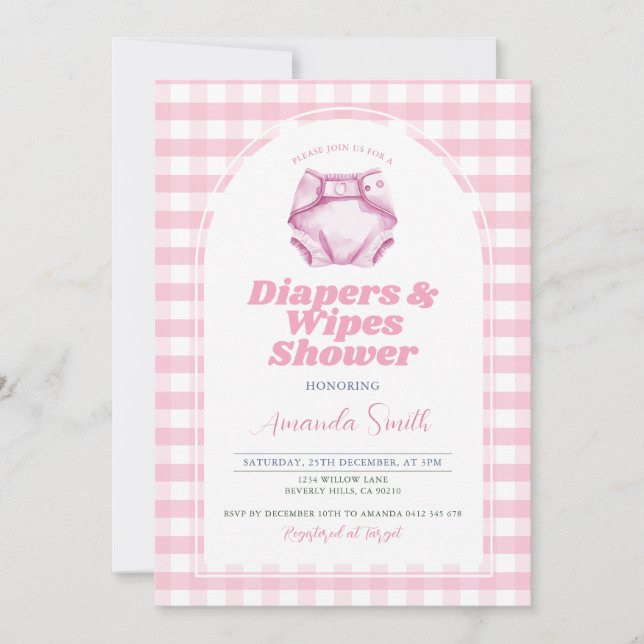 Pink Diapers and Wipes Baby Shower Blush Gingham Invitation (Front)