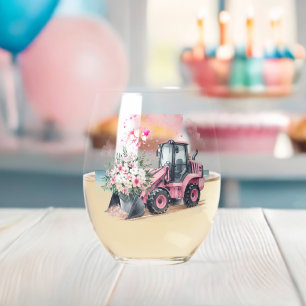 Pink Digger Bucket of Flowers Stemless Wine Glass