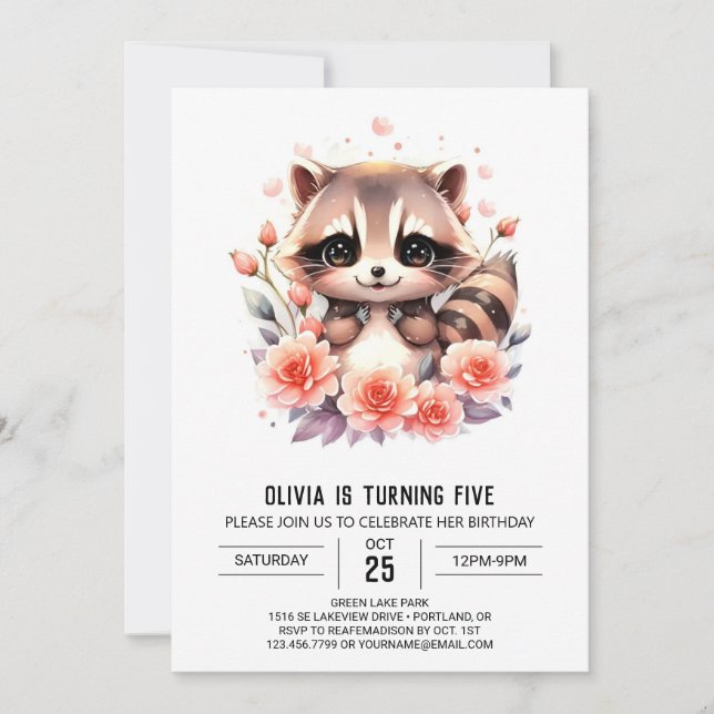  Pink Digital Racoon Girl Birthday Invitation (Front)