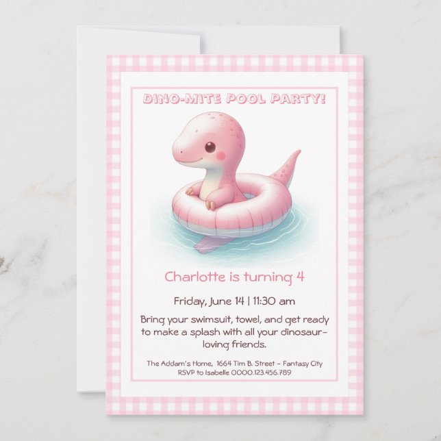 Pink Dino-Mite Birthday Pool Party Invitation (Front)