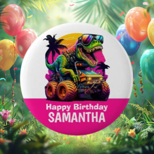 PINK Dino-Mite MONSTER TRUCK Birthday Party Classic Round Sticker