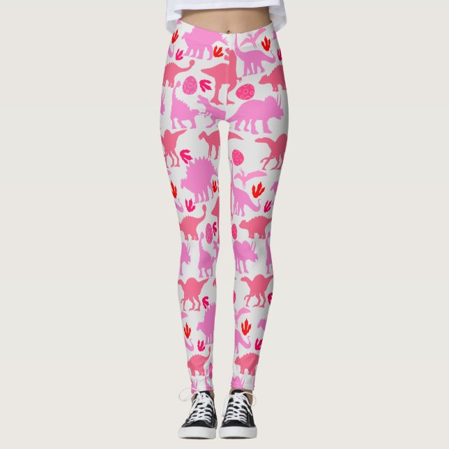 Pink Dino Pattern L Grey BG Leggings (Front)
