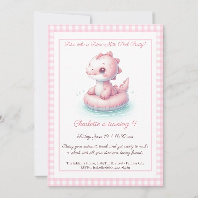 Pink Dino Pool Party – Birthday Invitation (Front)