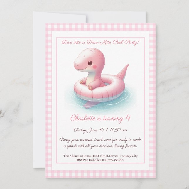 Pink Dino Pool Party – Birthday Invitation (Front)