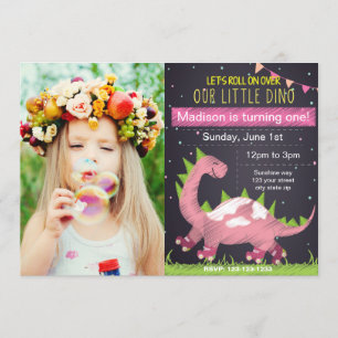 Pink Dino Skate Birthday invitation with Photo