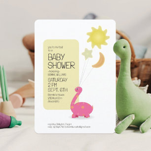Pink Dino with Mylar Balloons Baby Shower Invitation