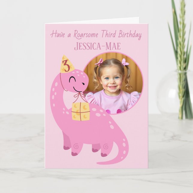 Pink Dinosaur 3rd Birthday Card (Front)