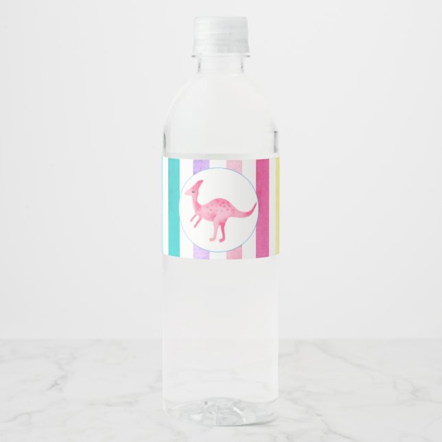 Pink Dinosaur and pastel stripes Water Bottle Label (Front)
