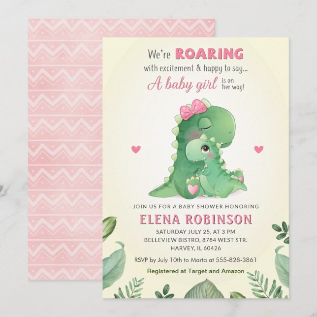 Pink Dinosaur Baby Girl Shower Wild Sweet Sprinkle Invitation (Front/Back)