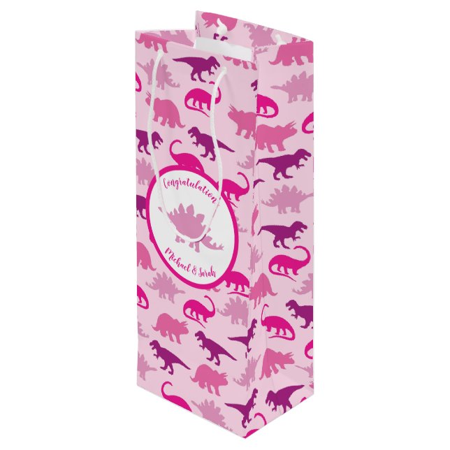 Pink Dinosaur Baby Shower Cute Dino Girl Wine Gift Bag (Back Angled)