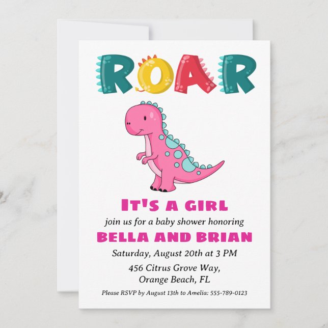 pink dinosaur baby shower invitations (Front)