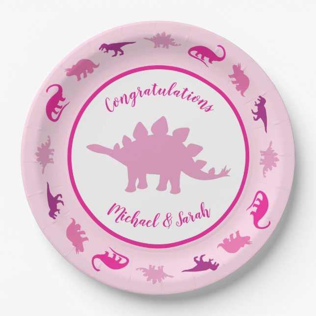 Pink Dinosaur Baby Shower Paper Plate (Front)