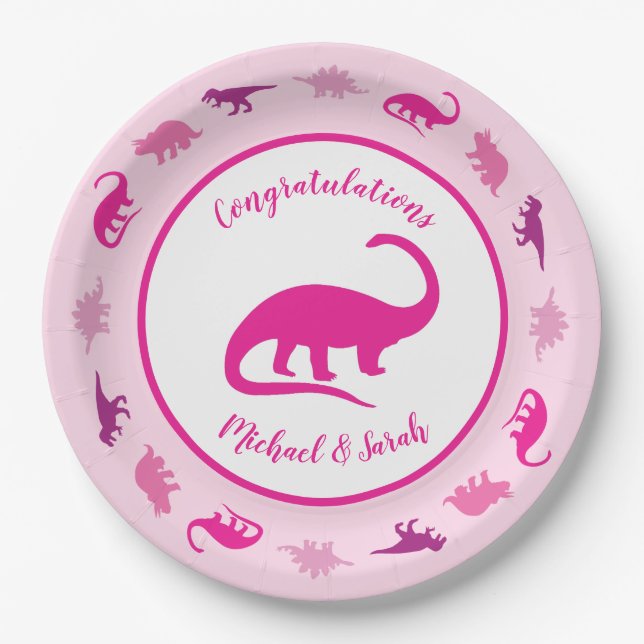 Pink Dinosaur Baby Shower Paper Plate (Front)
