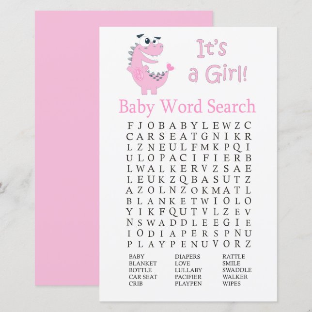 Pink Dinosaur Baby Shower Word Search Game (Front/Back)