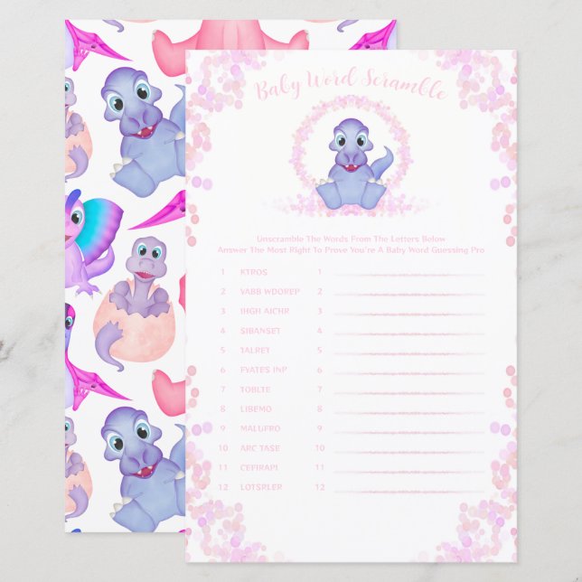 Pink Dinosaur Baby Word Scramble Baby Shower Game (Front/Back)