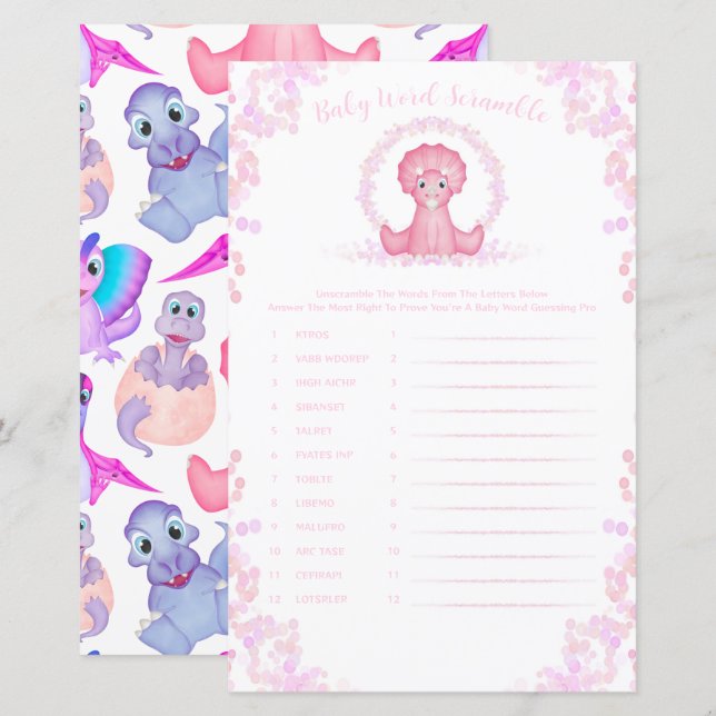 Pink Dinosaur Baby Word Scramble Baby Shower Game (Front/Back)