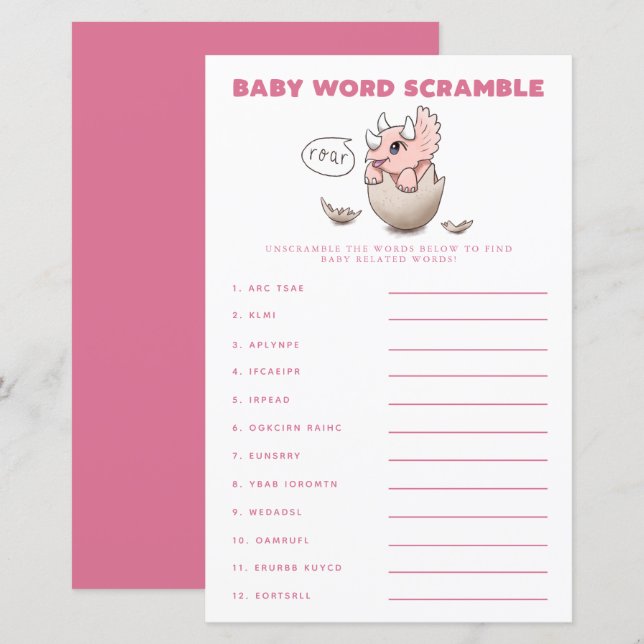 Pink Dinosaur Baby Word Scramble Game  (Front/Back)