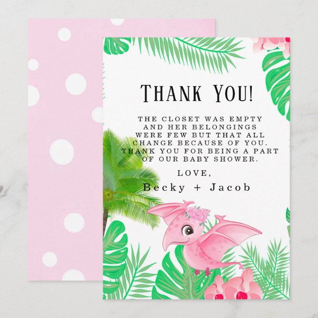  Pink Dinosaur Bird Tropical Girl Thank You Cards (Front/Back)