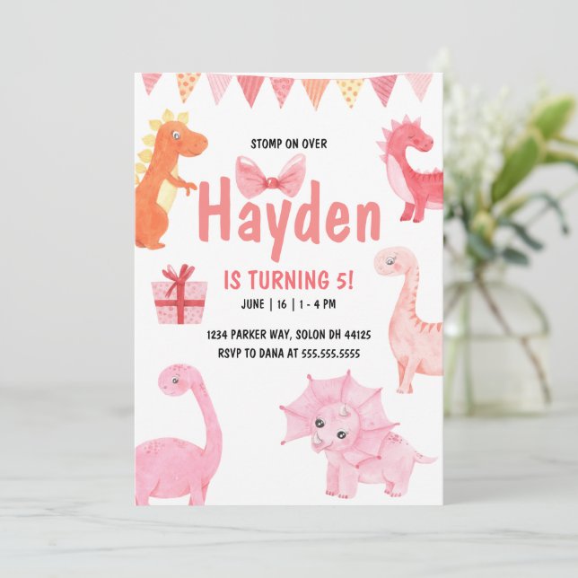 Pink Dinosaur Birthday Invitation (Standing Front)