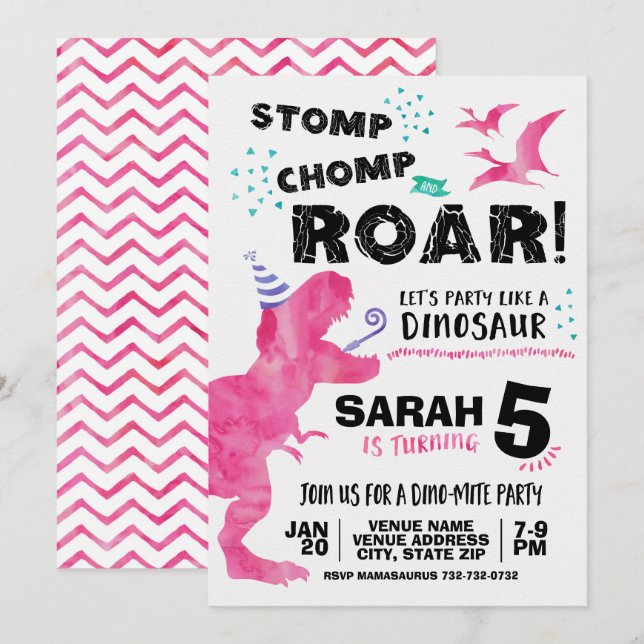Pink Dinosaur Birthday Invitation (Front/Back)