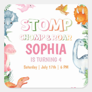 Pink Dinosaur Birthday Invitation Girl Dinosaur  Square Sticker